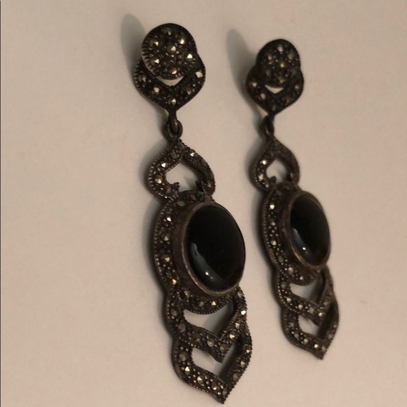 VINTAGE BLACK ONYX MARCASITE CHEVRON DANGLING - Picture 4 of 9